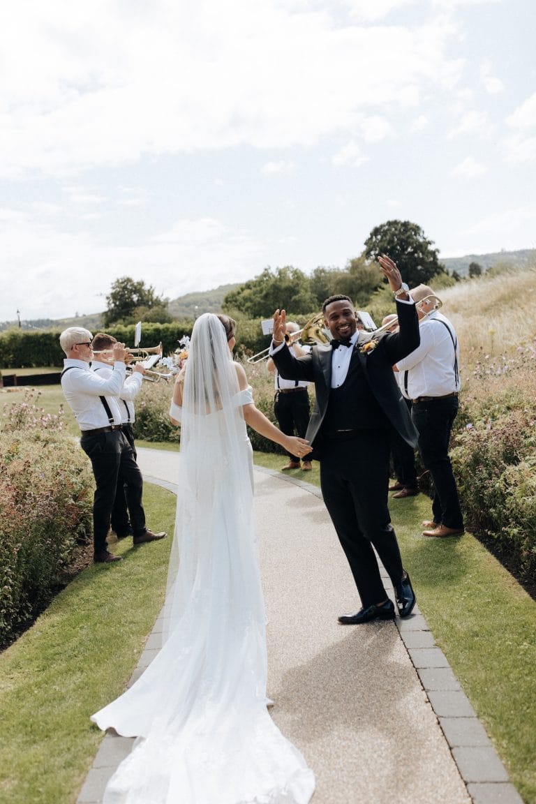 Back Chat Brass (band) at Tower Hill Barns after an outdoor wedding ceremony